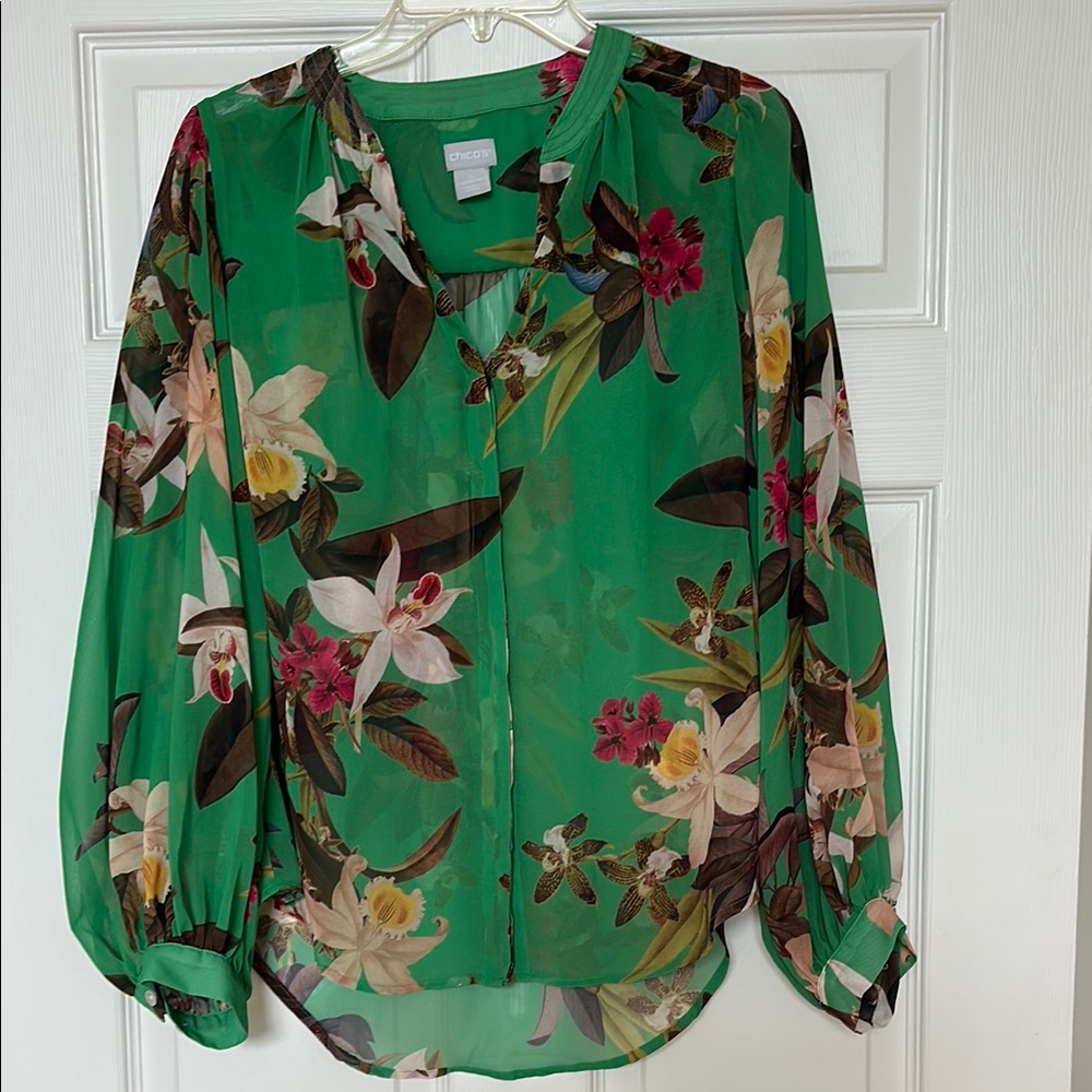 Chico's Green Long Sleeve Blouse with Mandarin Collar - size 4/6